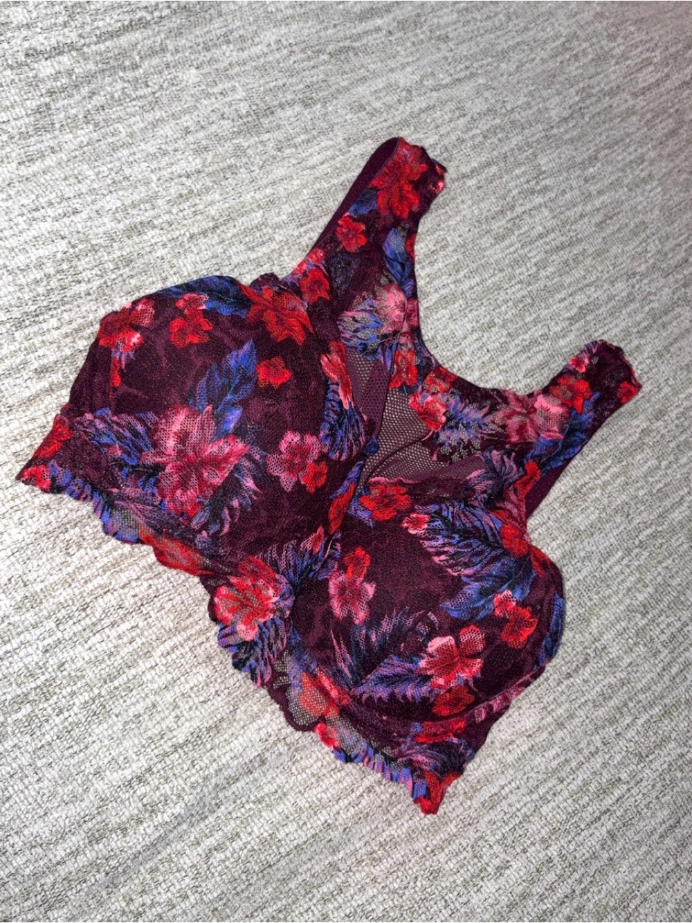 Pink Victoria's Secret Floral Lace Bralette - Burgundy with Red and Blue
